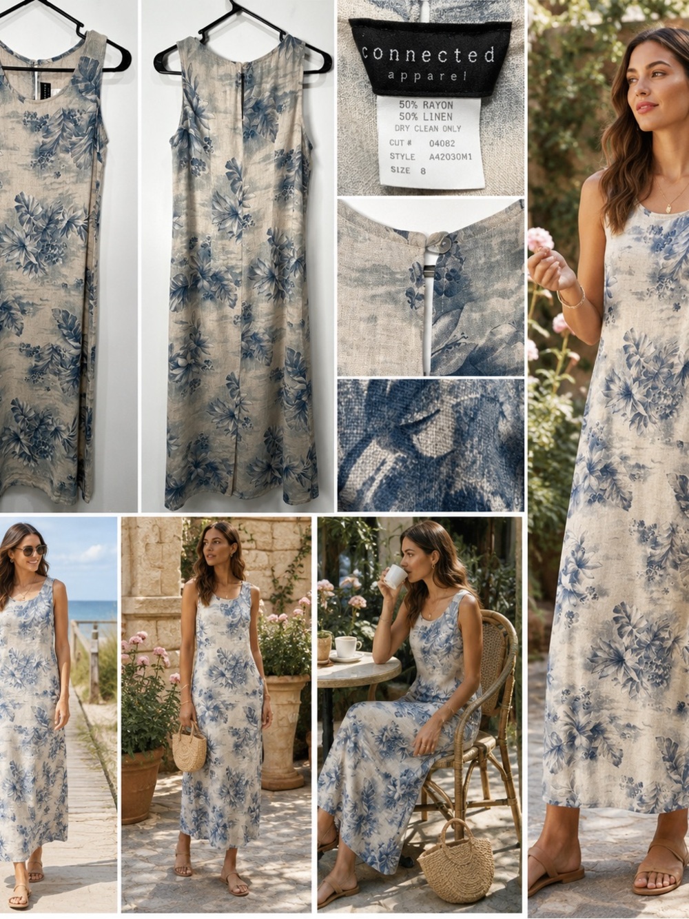 Vintage Connected Apparel Dress Size 8 Linen Rayon Floral Maxi Blue Made USA 90s